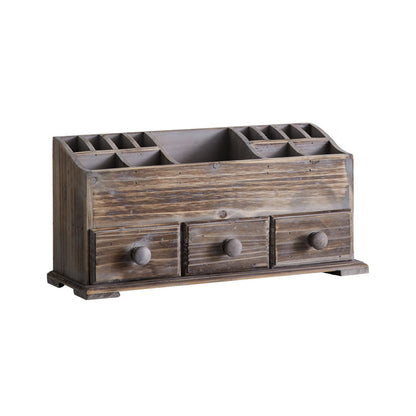 Vintage Distressed Wood Desktop Organizer – Two-Tier Rustic Drawer & Compartment Storage Box