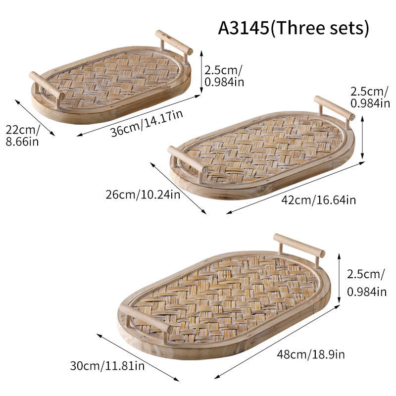 Japanese Farmhouse Storage Baskets Set of 3 – White Washed Rattan & Distressed Wooden Trays (Full Set)