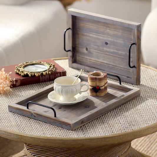 Vintage Distressed Wood Tea Tray – Rustic Farmhouse Serving Tray with Iron Handle(2pcs/set)