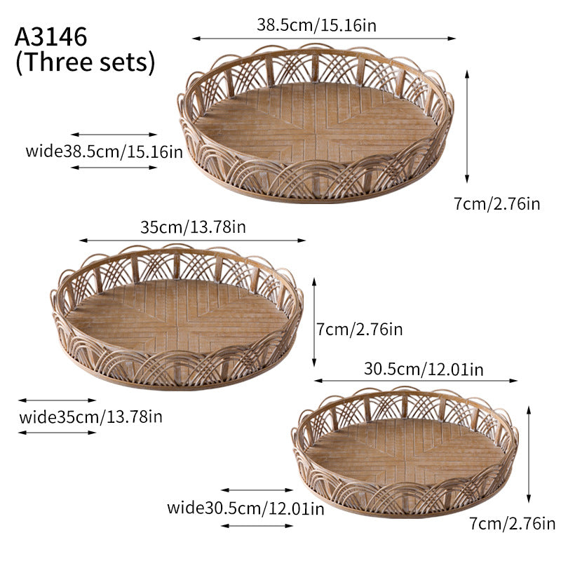 Japanese Farmhouse Storage Baskets Set of 3 – White Washed Rattan & Distressed Wooden Trays (Full Set)