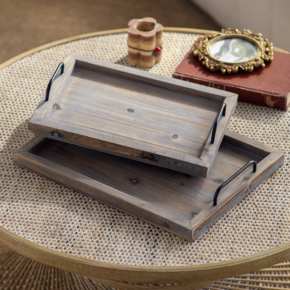Vintage Distressed Wood Tea Tray – Rustic Farmhouse Serving Tray with Iron Handle(2pcs/set)