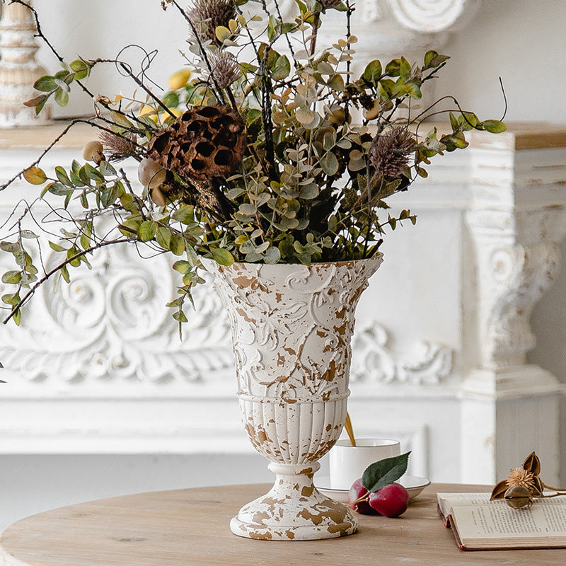 French Vintage Vase – Distressed White Baroque Flower Urn ✦ Palace Chic Decor