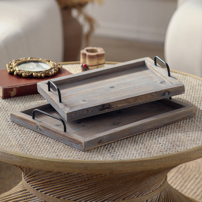 Vintage Distressed Wood Tea Tray – Rustic Farmhouse Serving Tray with Iron Handle(2pcs/set)
