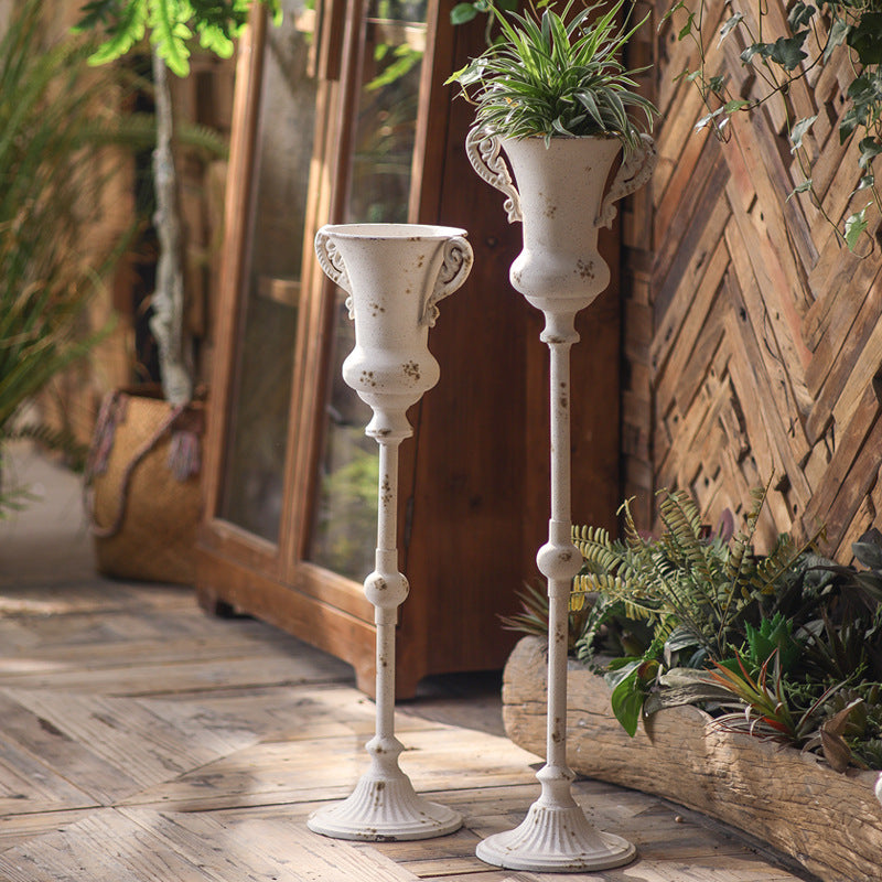 Antique Metal Pedestal Planter – Rustic Elegant Decor