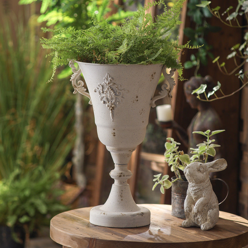 Antique Metal Pedestal Planter – Rustic Elegant Decor