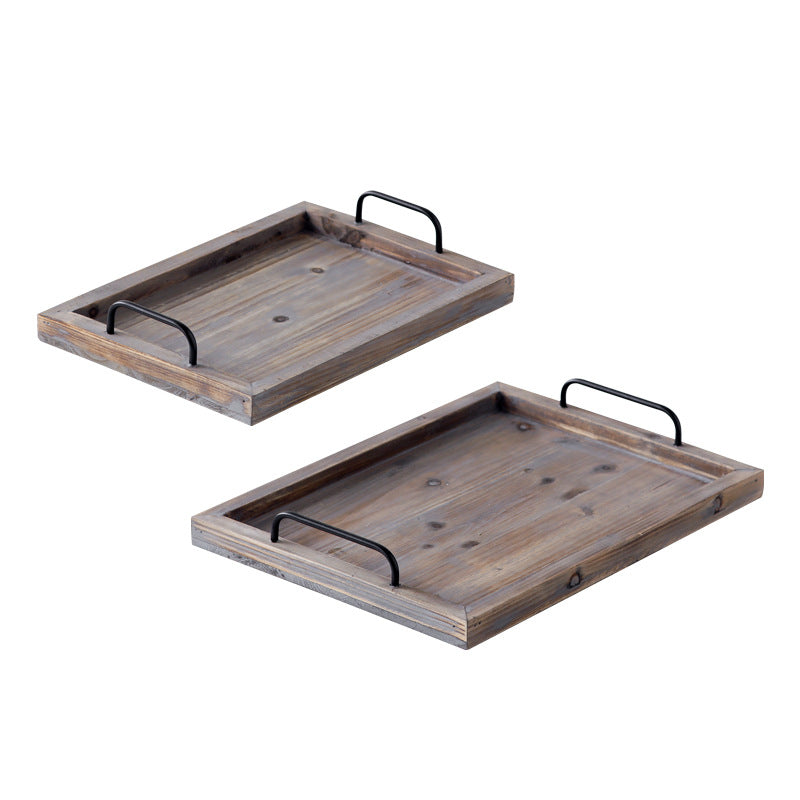 Vintage Distressed Wood Tea Tray – Rustic Farmhouse Serving Tray with Iron Handle(2pcs/set)