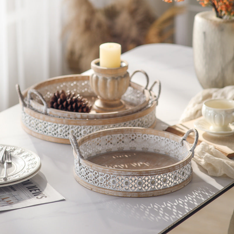 Japanese Farmhouse Storage Baskets Set of 3 – White Washed Rattan & Distressed Wooden Trays (Full Set)