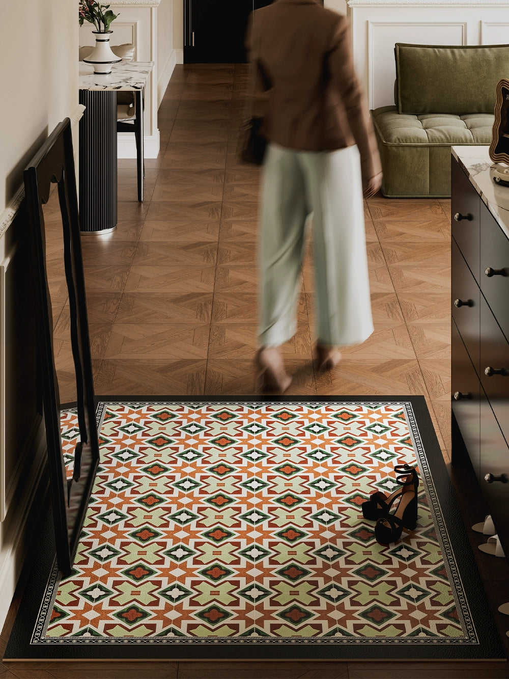 Selena French Retro Leather Doormat - Non-Slip Washable Dirt-Resistant Entryway Rug Antique Floor Mat Decor