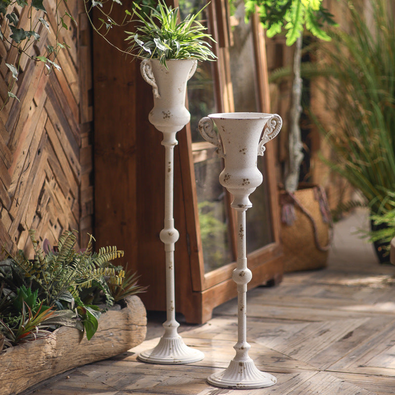 Antique Metal Pedestal Planter – Rustic Elegant Decor