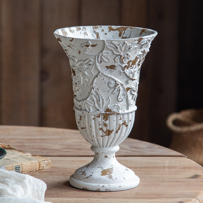 French Vintage Vase – Distressed White Baroque Flower Urn ✦ Palace Chic Decor