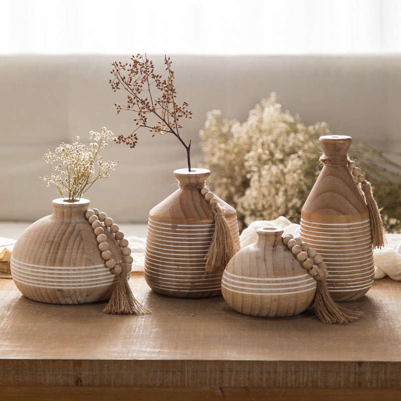 Hand-Carved Wabi-Sabi Vase Set – Solid Wood Organic Vessels (4 Styles) ✦ Unique Zen Teahouse Decor