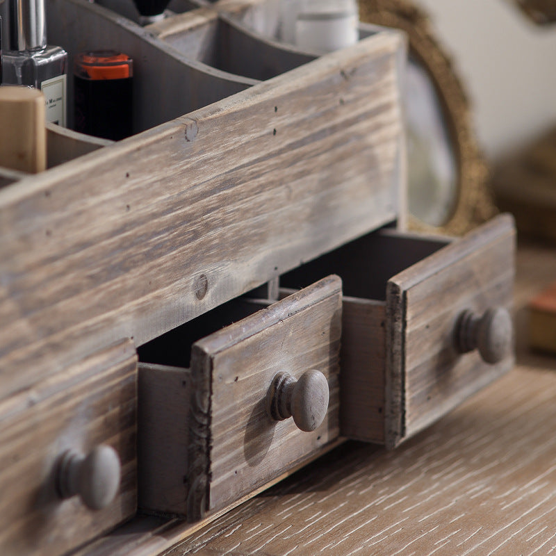 Vintage Distressed Wood Desktop Organizer – Two-Tier Rustic Drawer & Compartment Storage Box