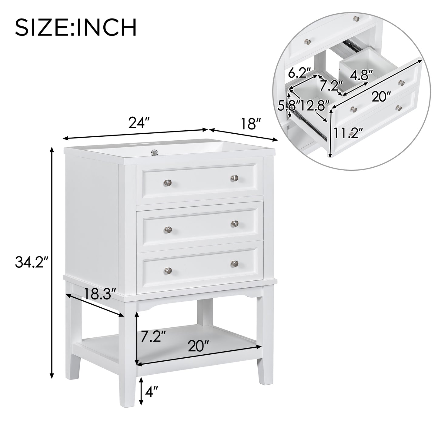 24" White Bathroom Vanity with Single Sink Free-standing Drawer and Open Shelf