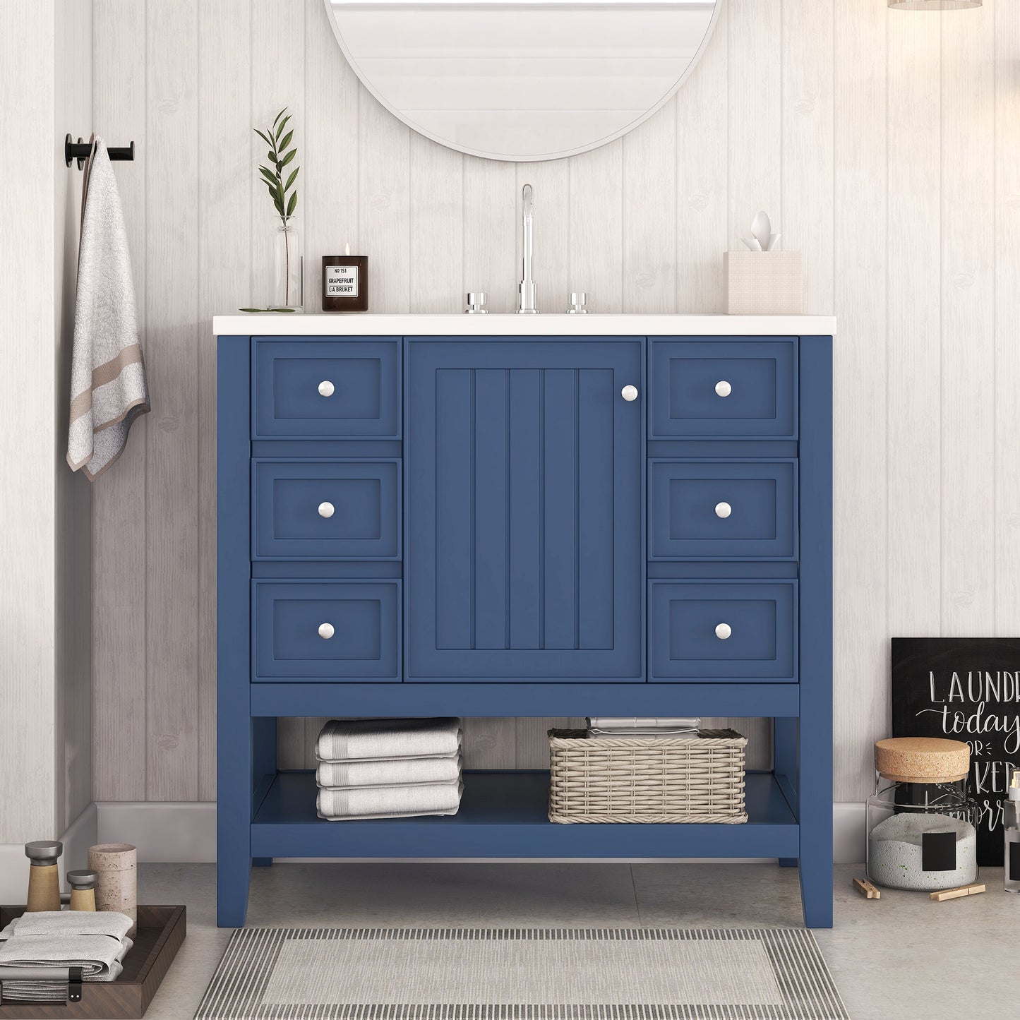 36" Blue Bathroom Vanity with Sink Combo Freestanding