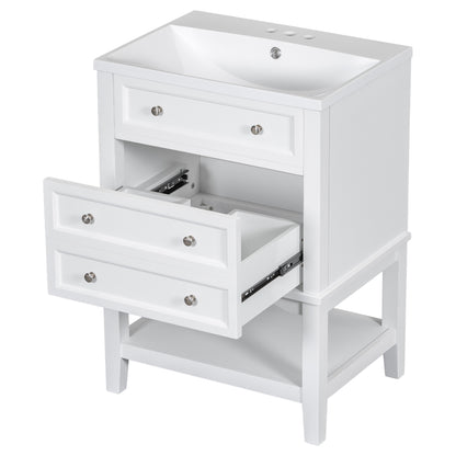 24" White Bathroom Vanity with Single Sink Free-standing Drawer and Open Shelf