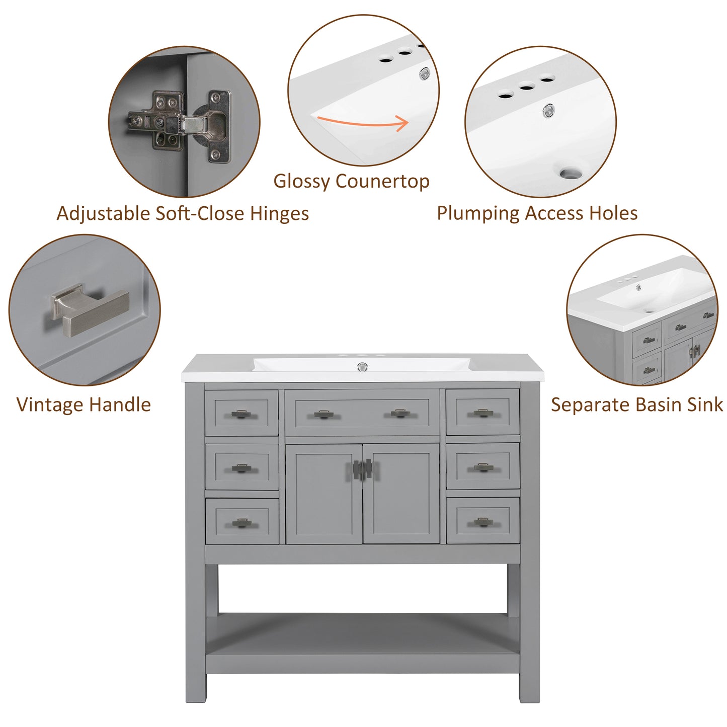 36" Modern Bathroom Vanity with Top Sink Freestanding