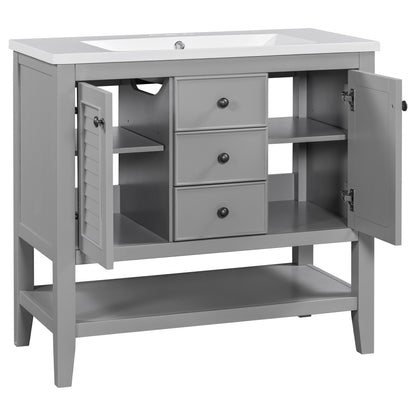 36" Grey Bathroom Vanity with Ceramic Basin Freestanding