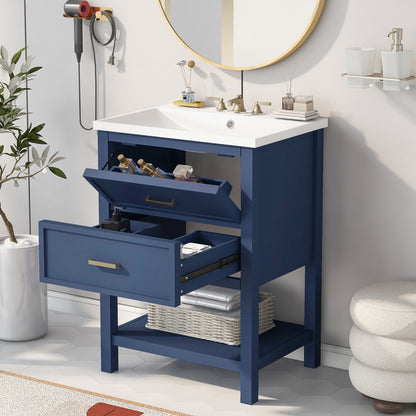 24" Blue Modern Bathroom Vanity with Top Sink Standing 2 Drawers