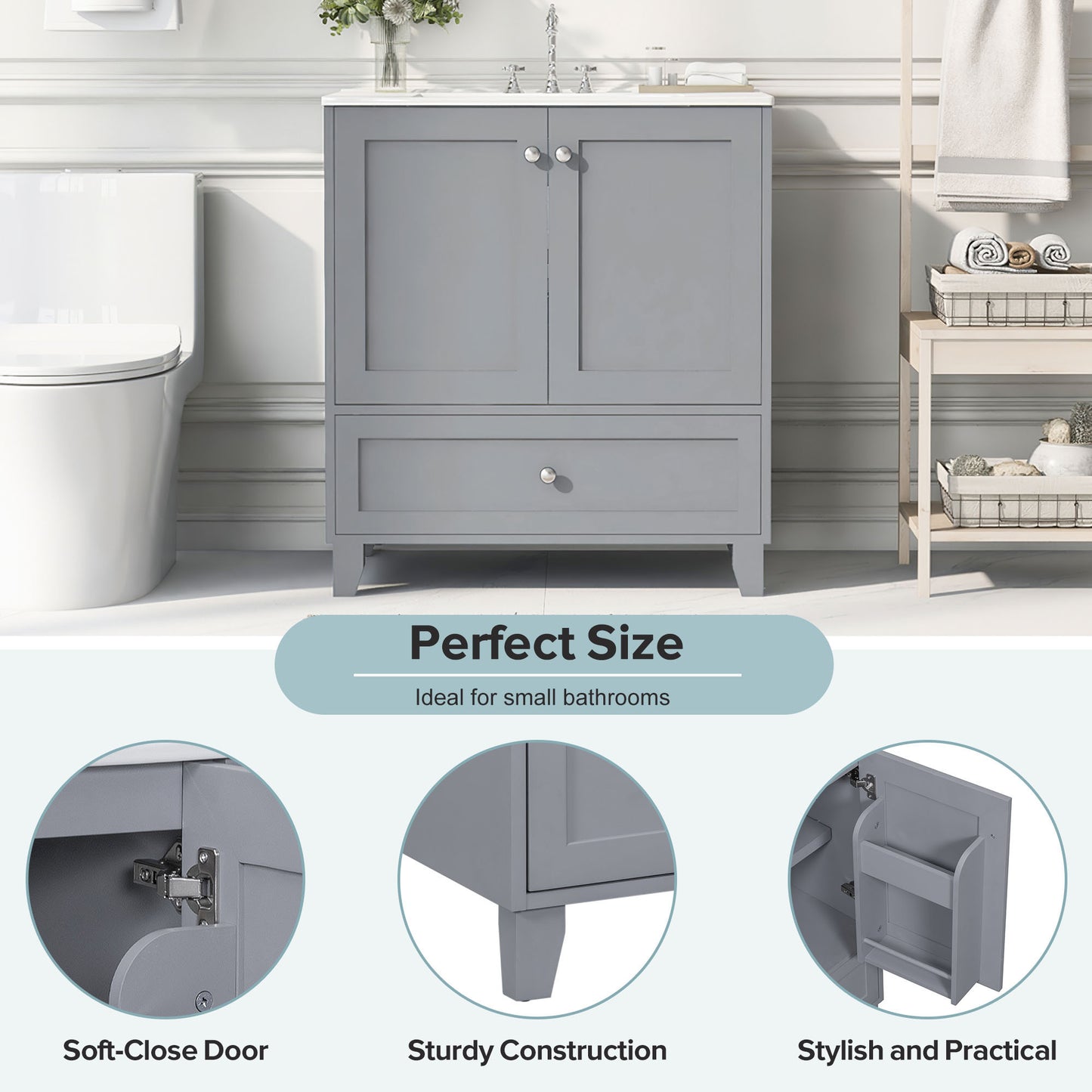 30" Premium Bathroom Vanity with Ceramic Sink Freestanding Ample Storage