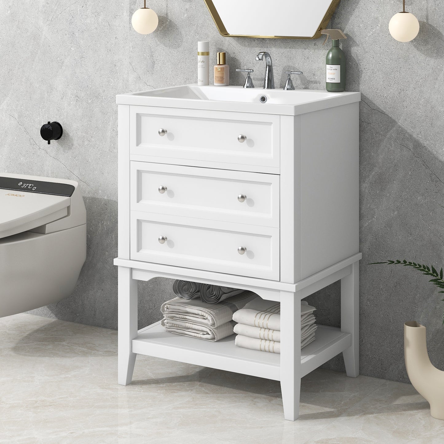 24" White Bathroom Vanity with Single Sink Free-standing Drawer and Open Shelf