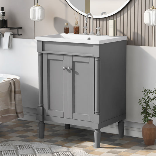 24" Grey Bathroom Vanity with Top Sink Standing Large Storage Shelves