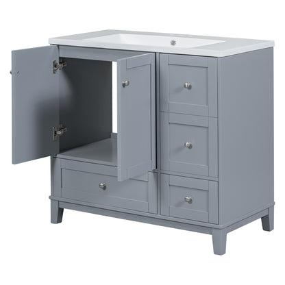 36" White & Gray Blue Bathroom Vanity with USB Charging Freestanding