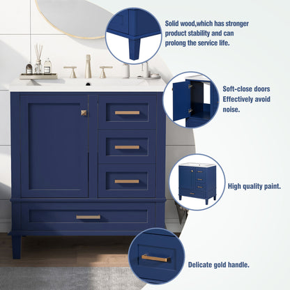 30" Blue Bathroom Vanity with Sink Freestanding Soft Closing Doors and 3 Drawers