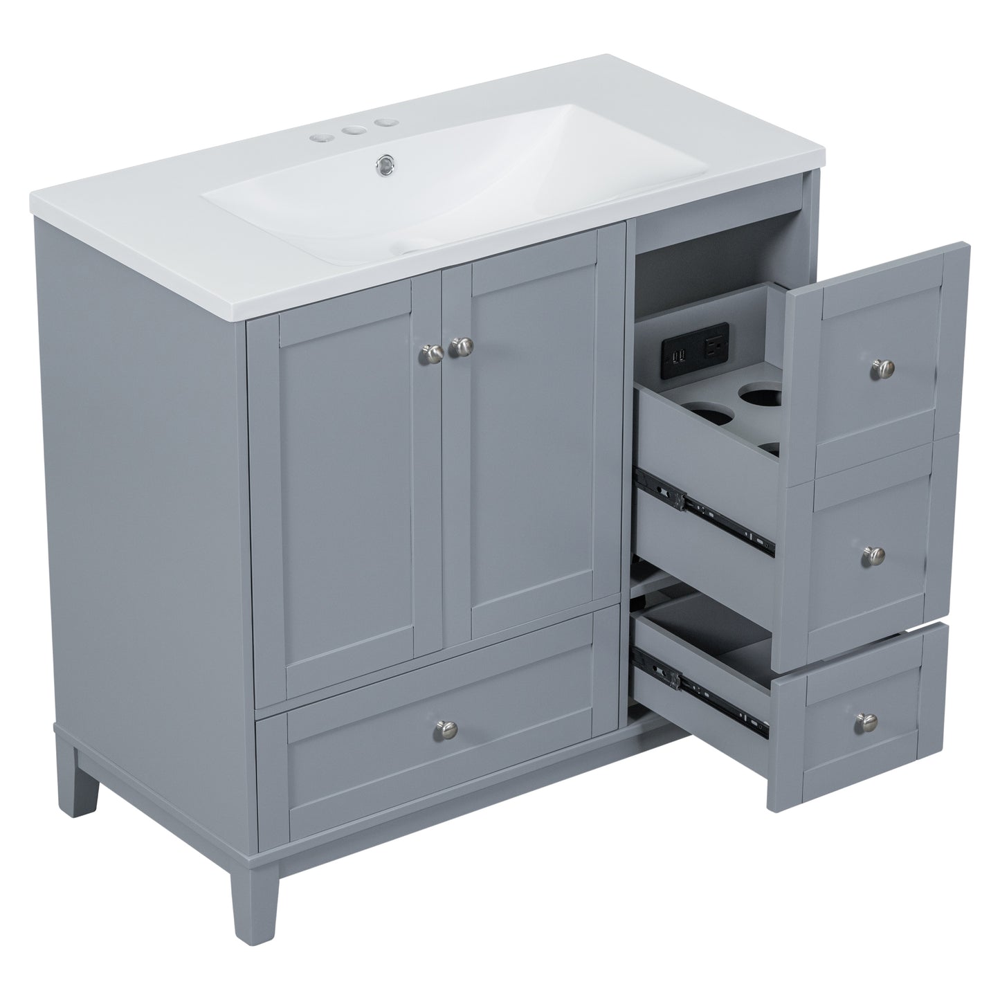 36" White & Gray Blue Bathroom Vanity with USB Charging Freestanding