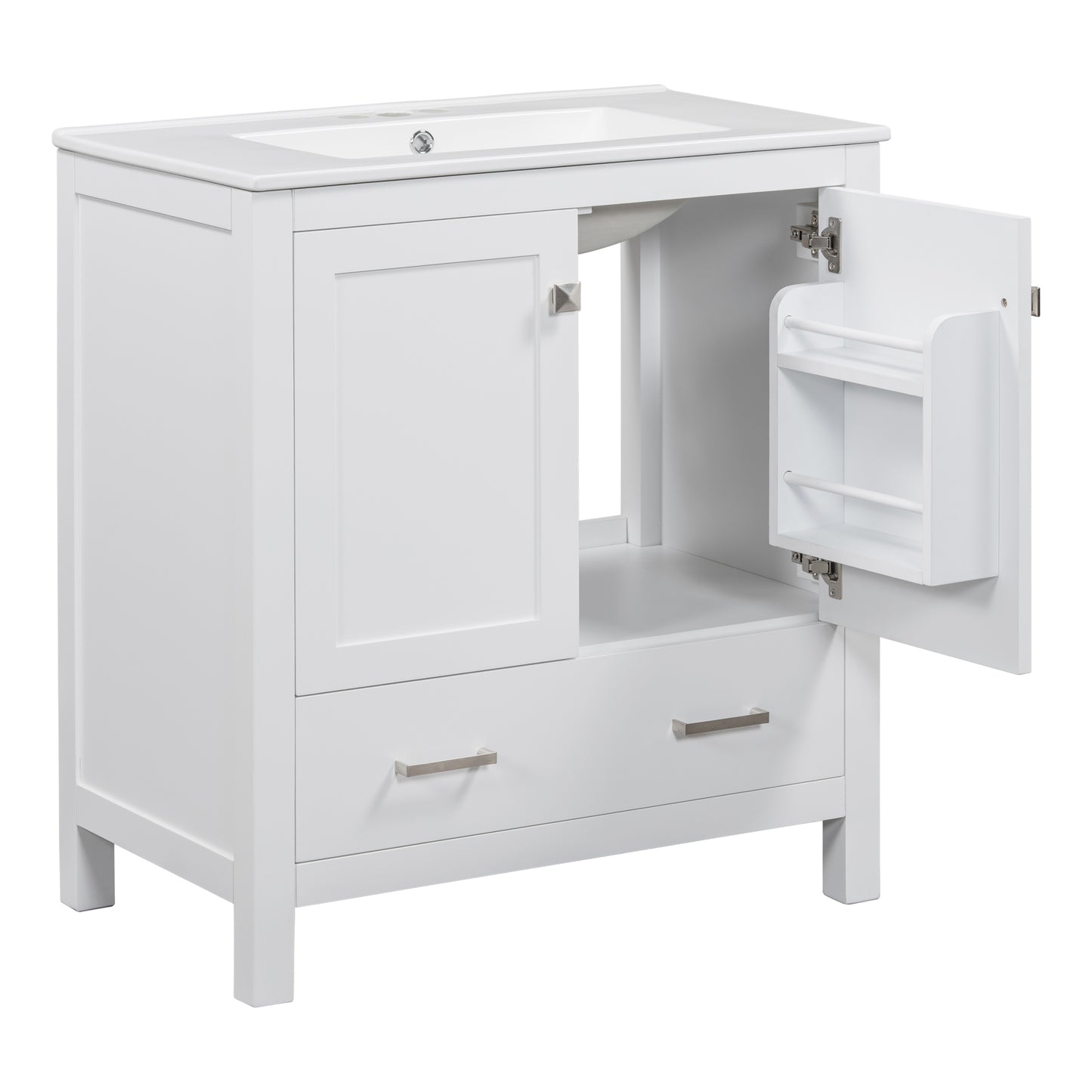 30" White Bathroom Vanity with Single Sink Freestanding Undermount Sink