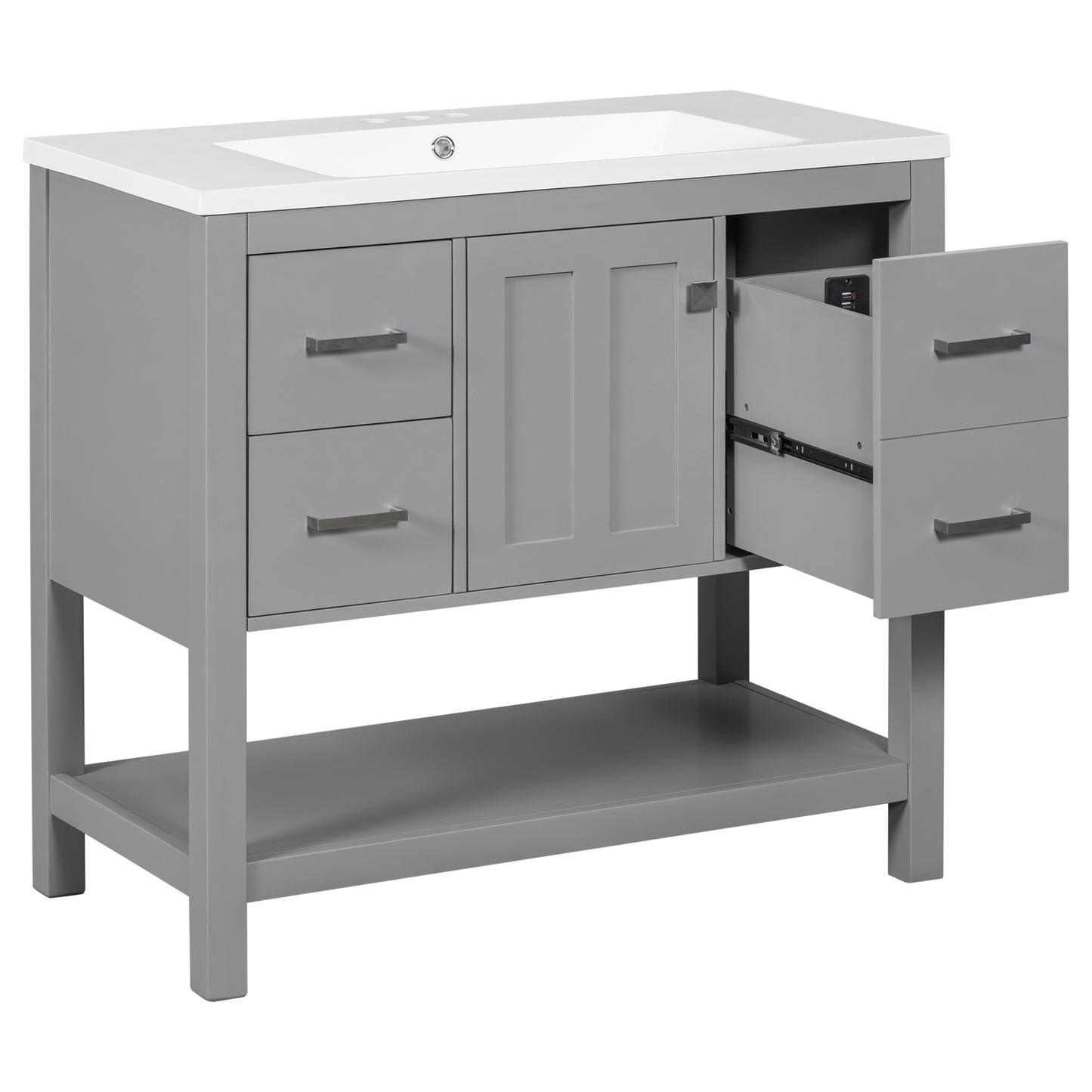 36" Grey Modern Bathroom Vanity with USB Freestanding