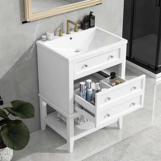 24" White Bathroom Vanity with Single Sink Free-standing Drawer and Open Shelf