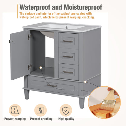 30" Grey Bathroom Vanity with Sink Freestanding Soft Closing Doors and 3 Drawers