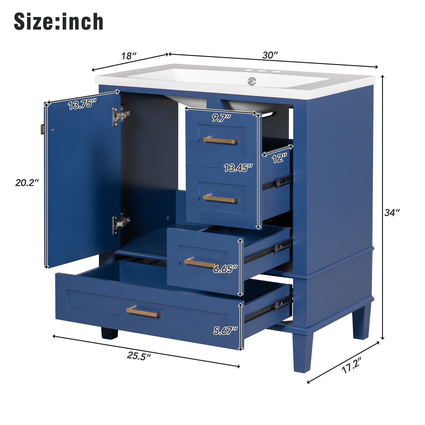 30" Blue Bathroom Vanity with Sink Freestanding Soft Closing Doors and 3 Drawers