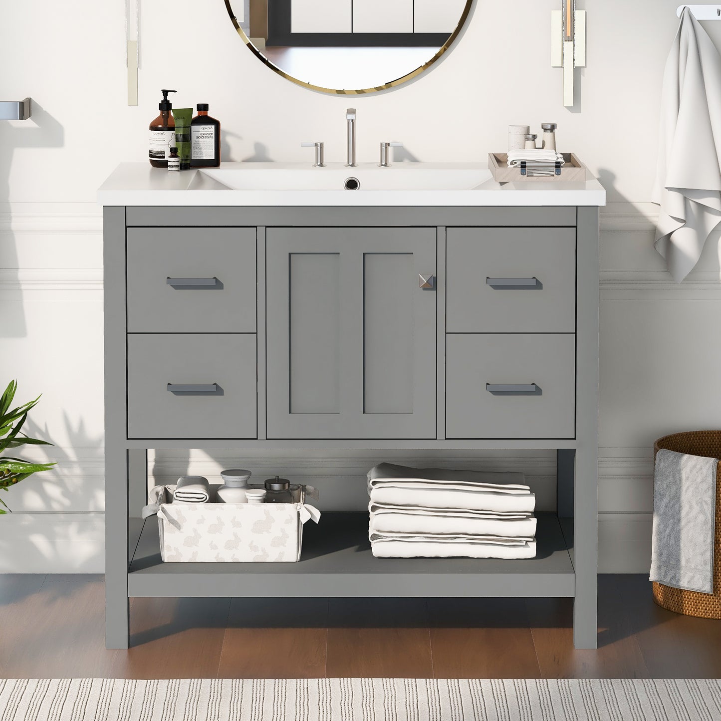 36" Grey Modern Bathroom Vanity with USB Freestanding