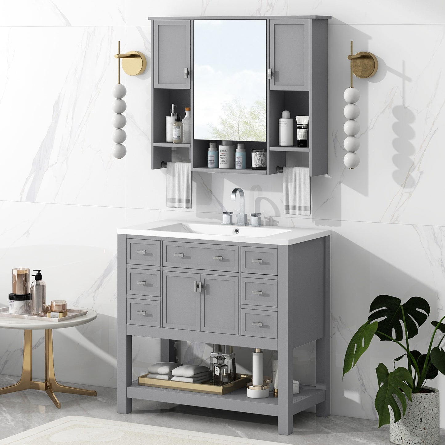 36" Modern Bathroom Vanity with Top Sink and Mirror Cabinet Freestanding