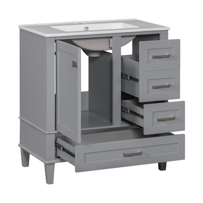 30" Grey Bathroom Vanity with Sink Freestanding Soft Closing Doors and 3 Drawers