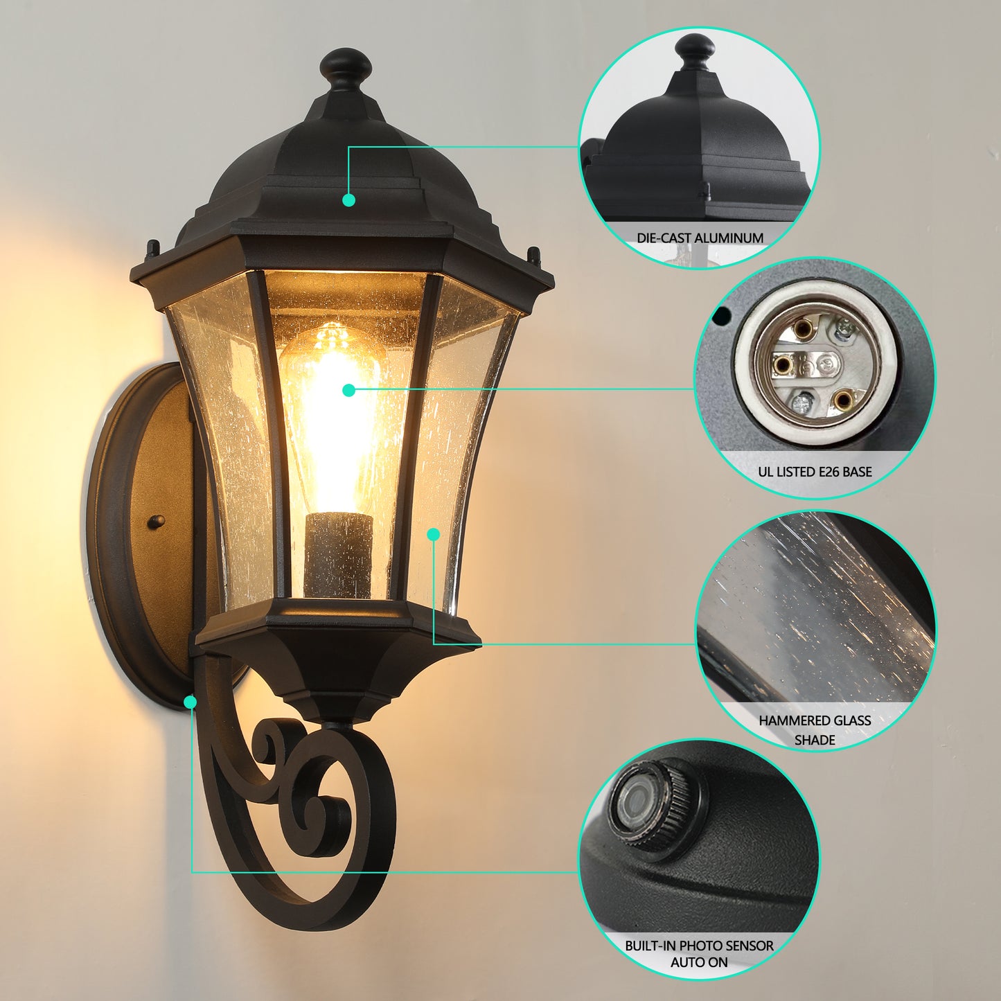 Outdoor Waterproof Glass Retro Wall Lamp with light sense