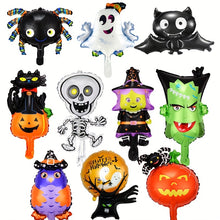 Load image into Gallery viewer, VENETIO Halloween Foil Balloons – Set of 10, Perfect for Carnival and Cartoon-Themed Parties, Featuring Pumpkin, Bat, Skeleton, and Ghost Designs ➡ OD-00019