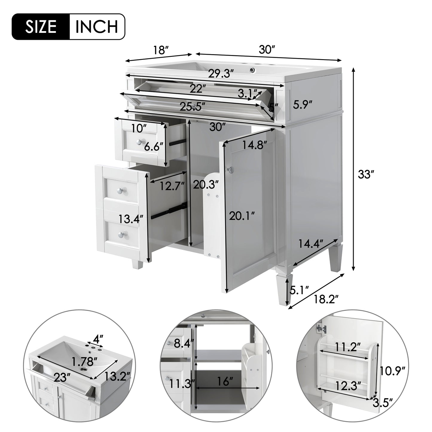 30" Modern Bathroom Vanity with Top Sink Freestanding 2 Drawers and Tip-out Drawer