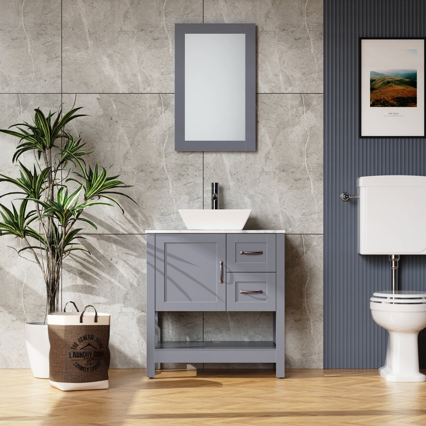 30" Grey Bathroom Vanity with Sink Freestanding Marble Pattern Top