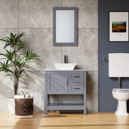 30" Grey Bathroom Vanity with Sink Freestanding Marble Pattern Top