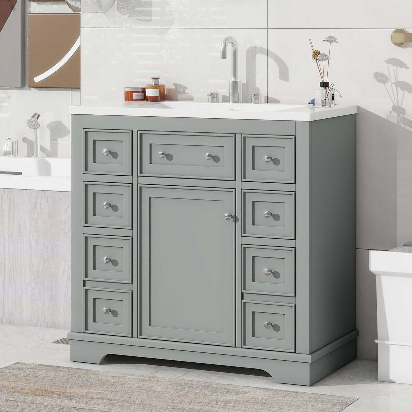 36" Grey Bathroom Vanity with Sink Combo Freestanding