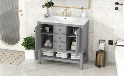 36" Grey Bathroom Vanity with Ceramic Basin Freestanding