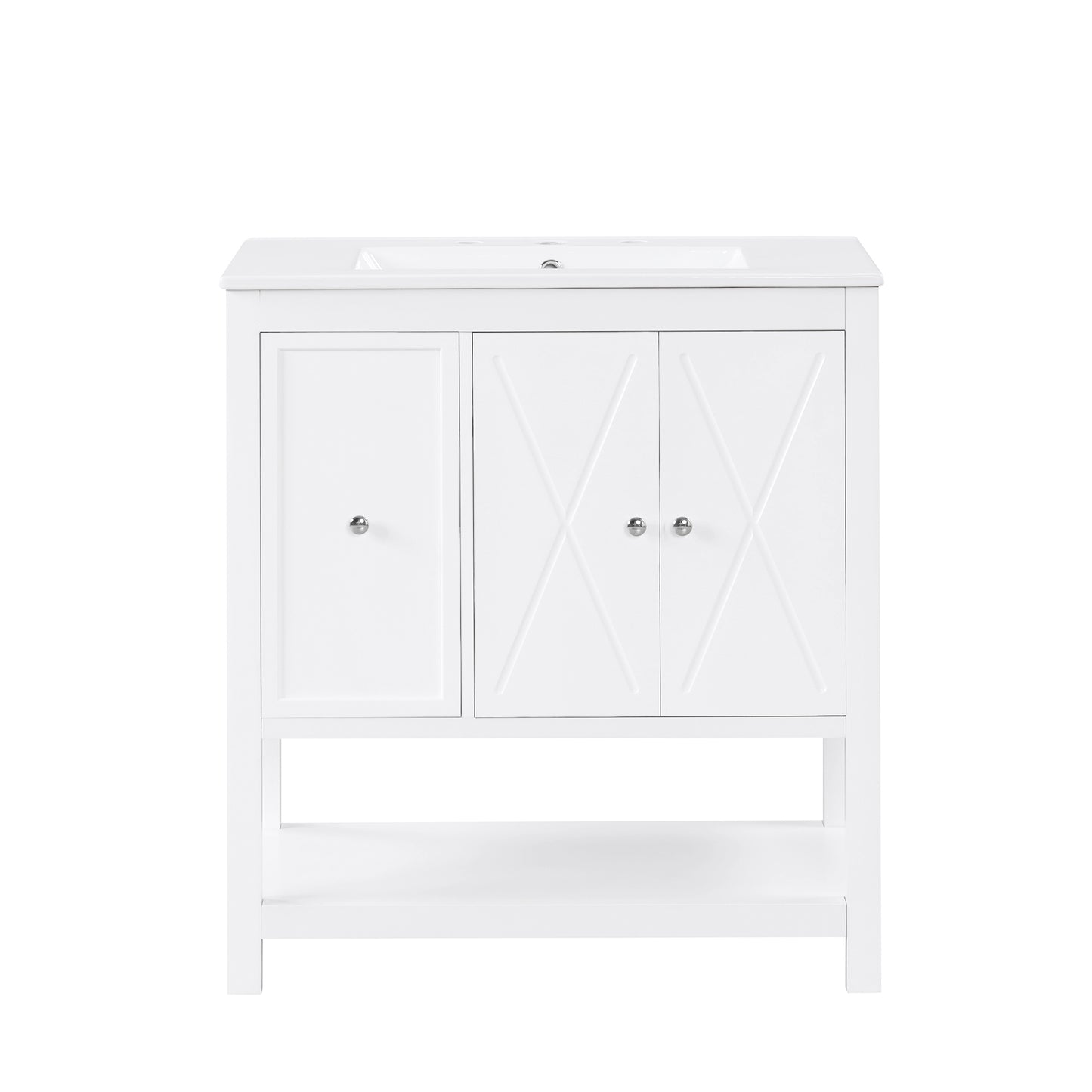 30" White Bathroom Vanity with Sink Top Freestanding Two Doors One Drawer