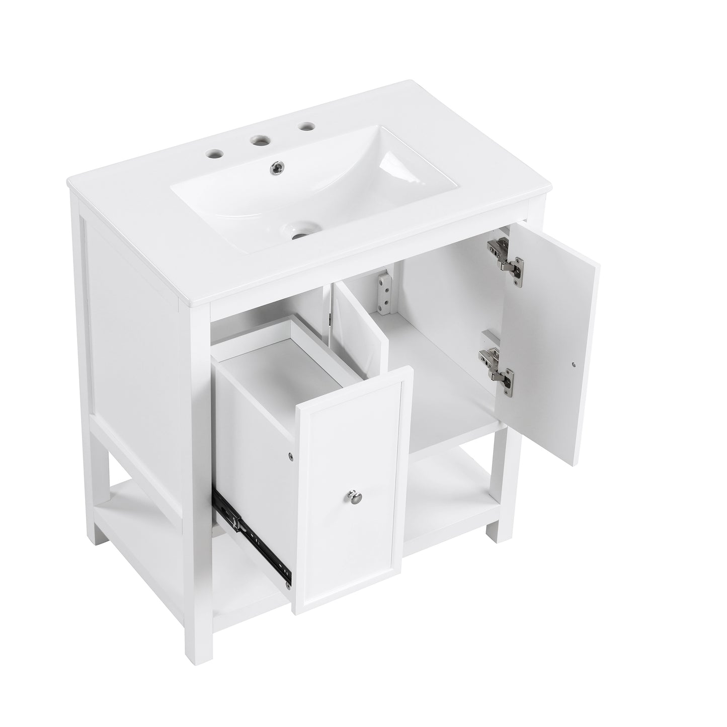 30" White Bathroom Vanity with Sink Top Freestanding Two Doors One Drawer