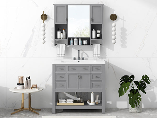 36" Modern Bathroom Vanity with Top Sink and Mirror Cabinet Freestanding