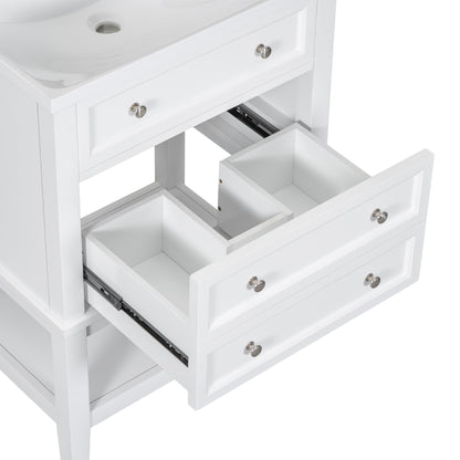 24" White Bathroom Vanity with Single Sink Free-standing Drawer and Open Shelf