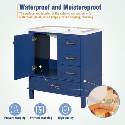 30" Blue Bathroom Vanity with Sink Freestanding Soft Closing Doors and 3 Drawers