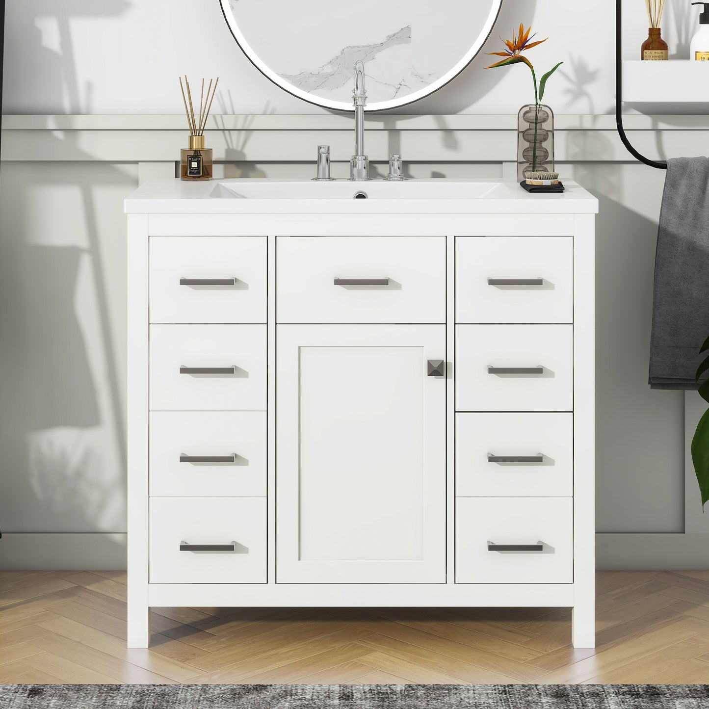 36" White Bathroom Vanity with Multifunctional Storage Space Freestanding