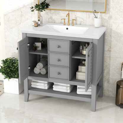 36" Grey Bathroom Vanity with Ceramic Basin Freestanding